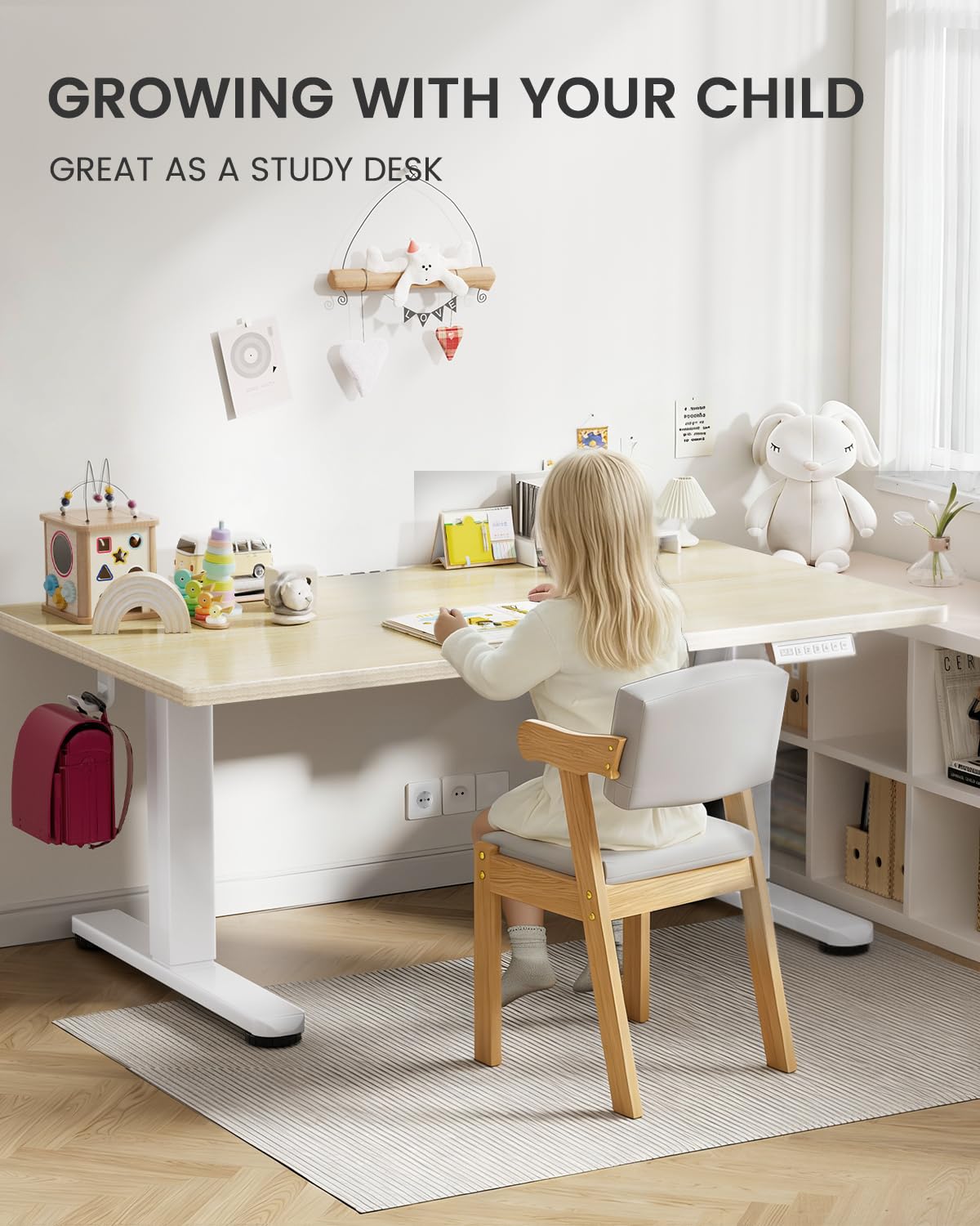 ErGear Low Height Adjustable Desk, Lifts 18.9-28.4 Inches, 35 X 20 Inches Electric Standing Desk for Kids, 4 Height Memory Settings & Storage Hooks, Home Office Computer Table & Study Desk, Natural