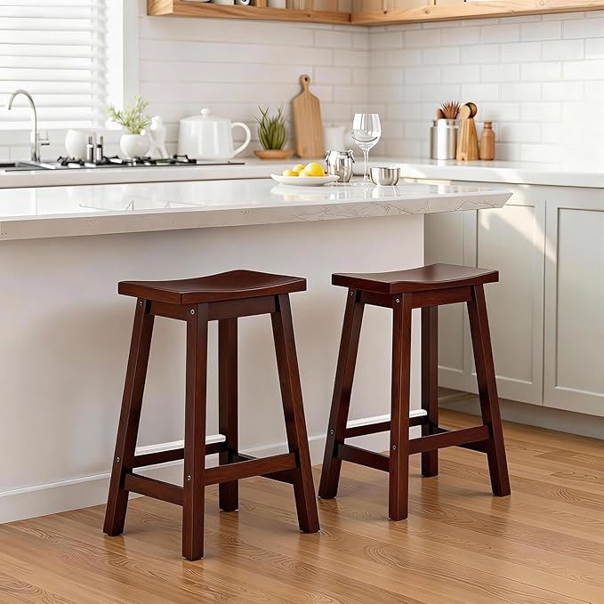 PayLessHere Bar Stools Set of 2, Wooden Saddle Stools 24 Inch Heigh, Bar Chairs Seat with Footrests and Industrial, Kitchen Counter Stools for Restaurant, Bistro Bar and Home Dining