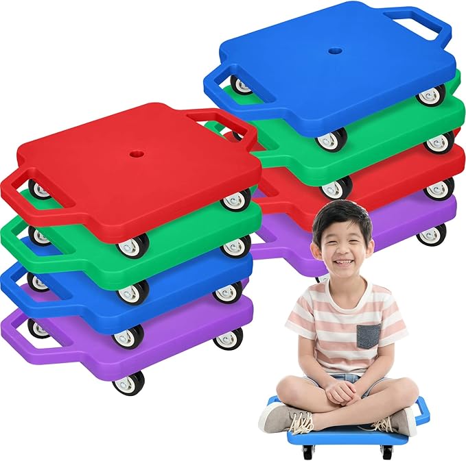 Jerify 8 Pieces Sports Scooter Board Sitting Scooter Board for Kids Plastic Floor with Non-Marring Plastic Casters, Physical Education for Home School Play Equipment