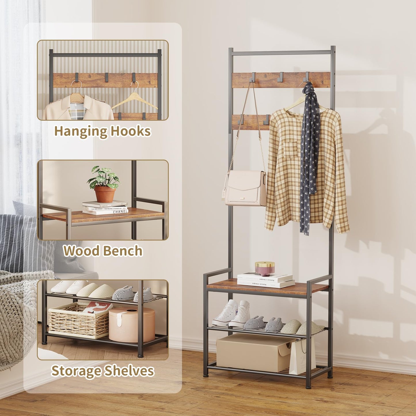 Leadpro Coat Rack Hall Tree with Shoe Storage, Entryway Hall Tree Storage Bench, Wood Look Accent Furniture with Metal Frame, 3-in-1 Design, Rustic Brown