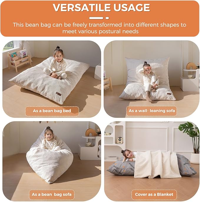 MAXYOYO 3 in 1 Kids Bean Bag Chair Bed, Convertible Chair Folds from Bean Bag to Lounger, Child Floor Sofa for Gaming, Reading, Floor Mattress with High-Density Foam Filling
