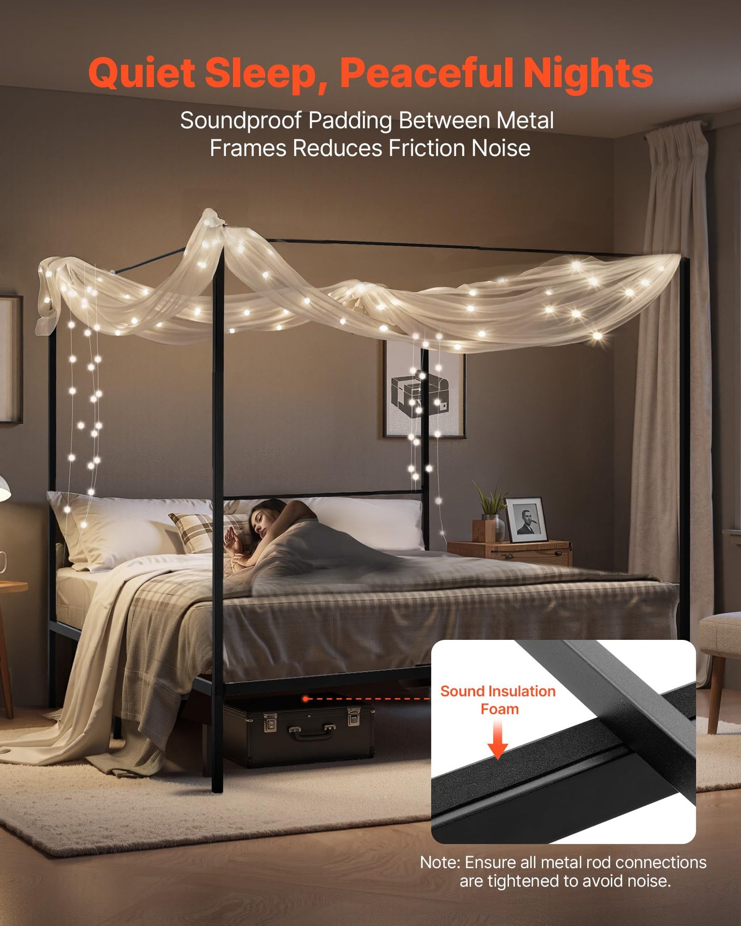 VEVOR King Size Canopy Bed Frame, Metal Canopy Bed with Charging Station and Four Posters Design, Heavy Duty Steel Slats Support, Underbed Storage Space, No Box Spring Needed, Easy Assembly, Black
