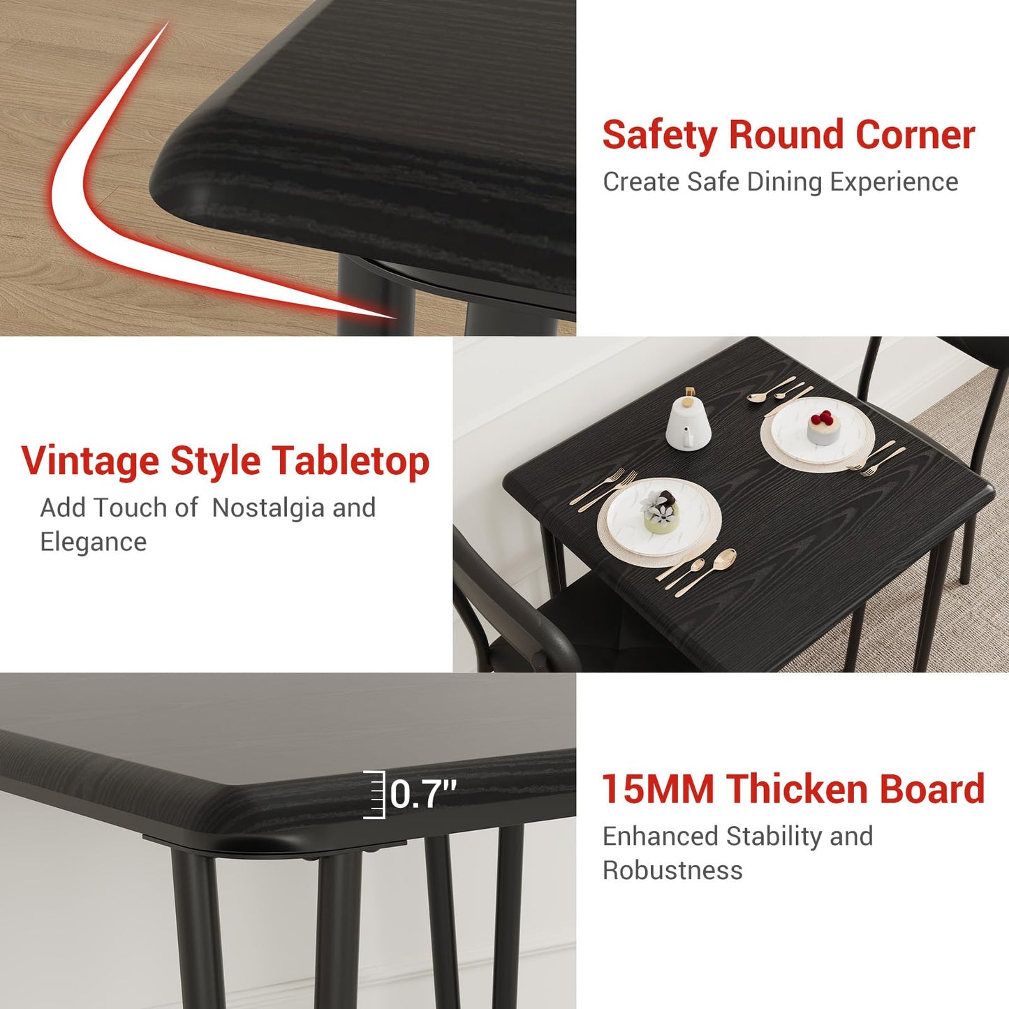 Dining Table Set for 4 with Black Wood Grain – Spacious Square Table with Rounded Corners and 4 Upholstered Chairs, Ideal for Apartment Living Room, Dining Room, (Black 3 Piece)