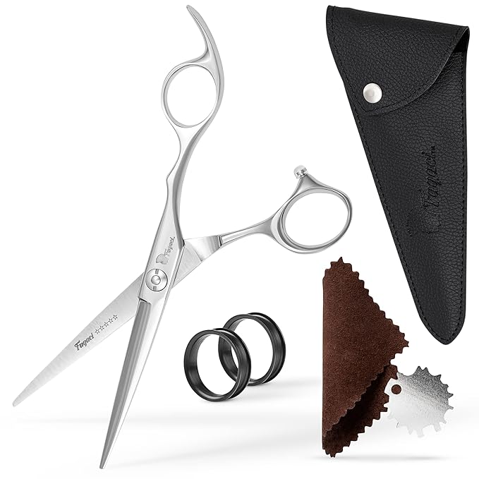 Professional Hair Scissors 5.5 Inch with Extremely Sharp Blades, 440C Steel Hair Cutting Scissors, Durable, Smooth Motion & Fine Cut, Barber Scissors with Elegant Sheath, Cleaning Leather & Key