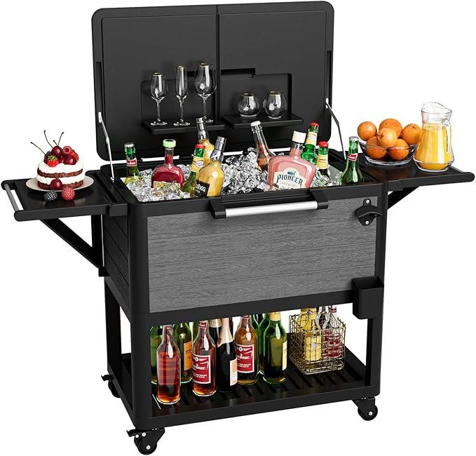 104 Quart Patio Rolling Ice Chest Cooler Cart with Wheels, Portable Mobile Outdoor Coolers Bar Cart with Storage Shelf & B...
