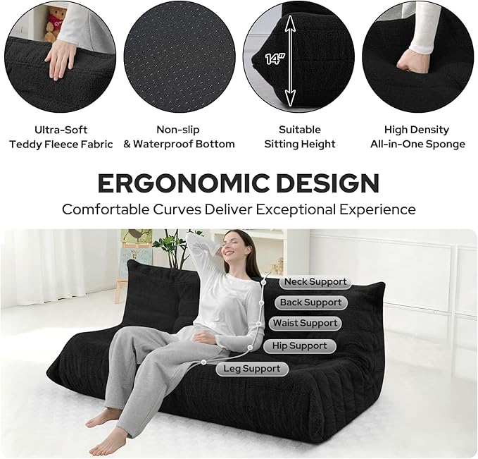 HABUTWAY Bean Bag Chairs Fireside Lazy Floor Sofa, Soft Teddy Fleece 3 Seater Sofa with High-Resilience Foam Filling，Beanbag for Living Room, Bedroom, Office (Black Teddy)