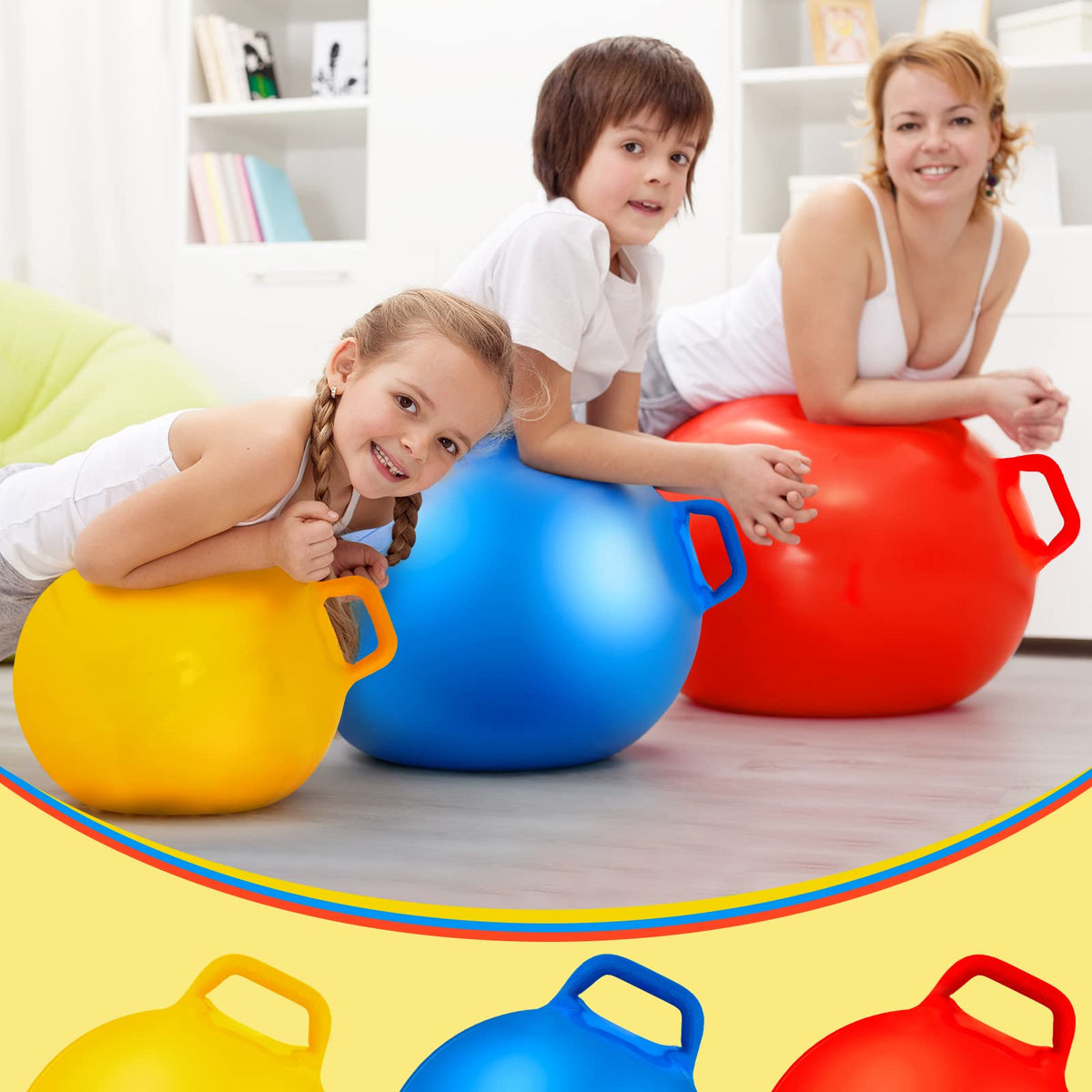 Lewtemi 3 Pcs 18 Inch Hopper Ball Large Jumping Bouncy Balls with Handles Kids Round Ball with Air Pump Bouncing Balls Hopping Toys for 6 Years Old and Above Children Boy Girl(Yellow, Blue, Red)