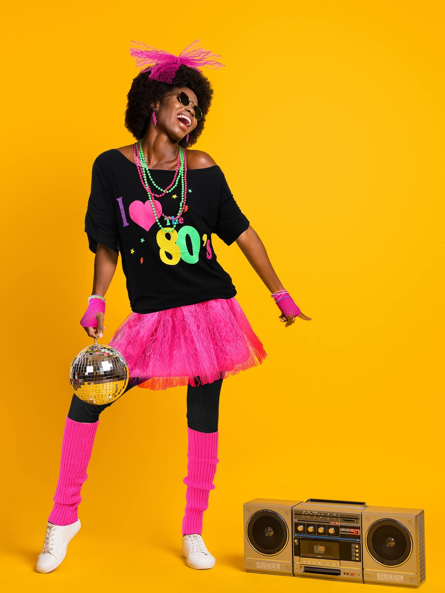 Vabean 19 Pcs 80s Costume Set T Shirt Leggings Tutu Skirt Headband Necklace Bracelets Earrings Gloves Leg Warmers for Women (Black Leggings,3X-Large)