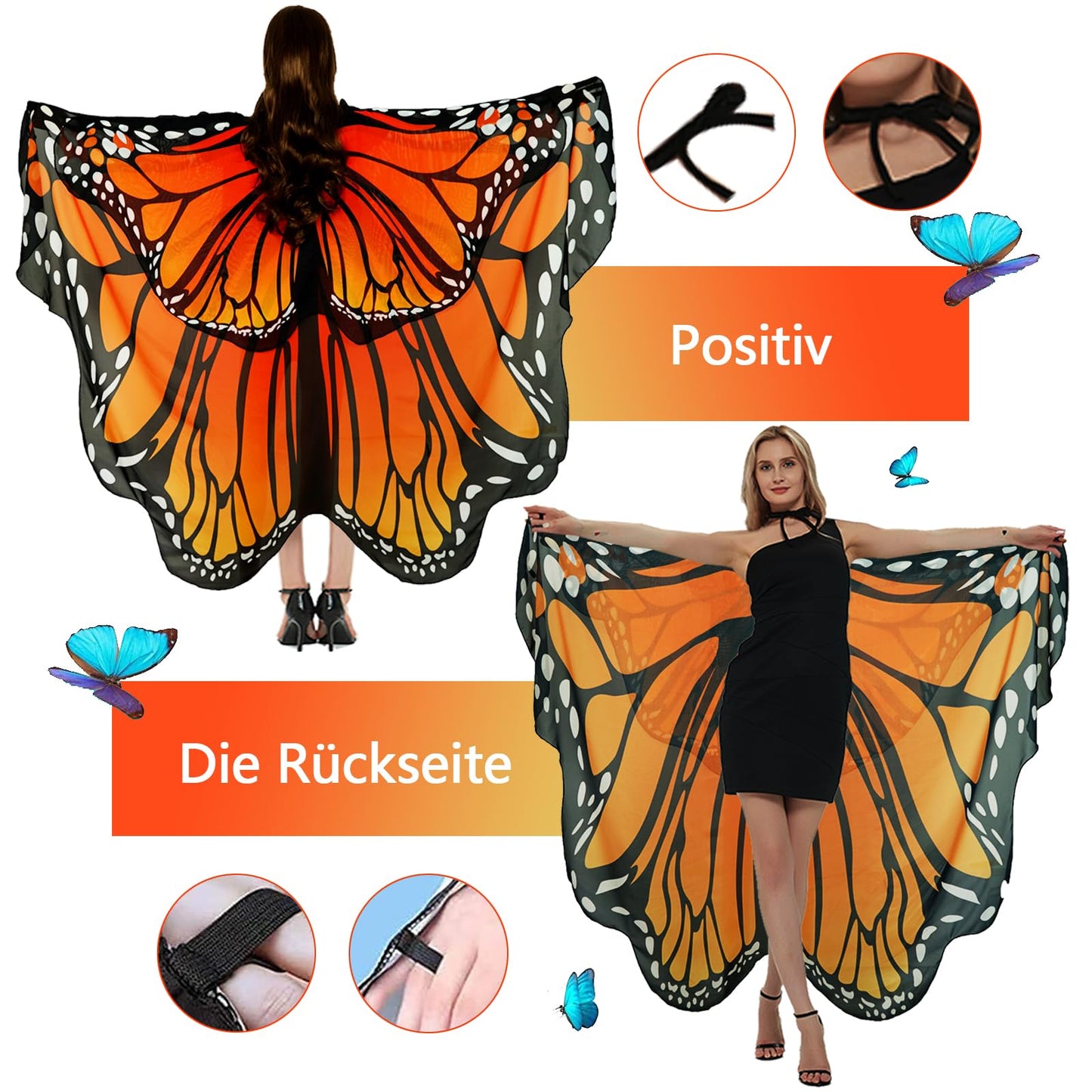 Halloween Costumes for Women Adult Double-Sided Butterfly Costumes Wing Cape Shawl 3Pcs （Orange&Red）