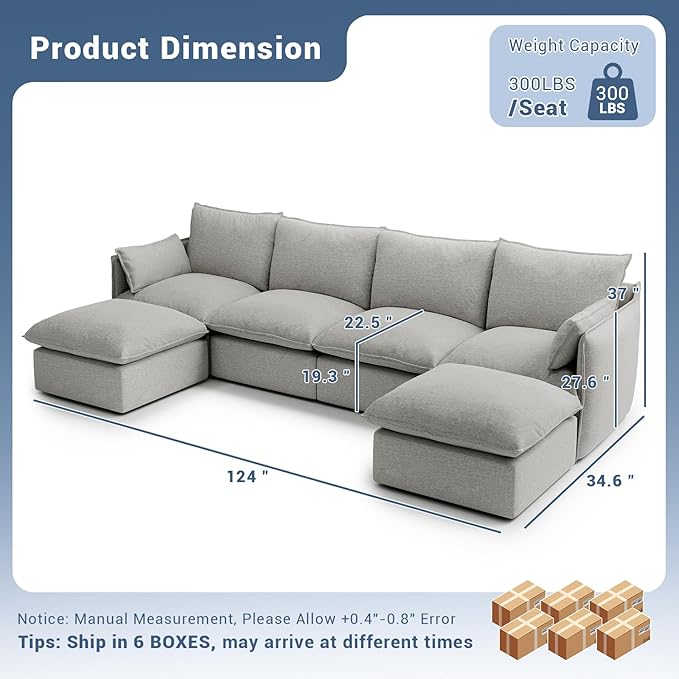 Lopzeho 124" Cloud Modular Sectional Sofa, Waterproof Down Filled Sectional Couch, High Backrest U Shaped 4 Seater Couch with 2 Ottomans, Modern Modular Sofas with Removable Cover, Light Gray