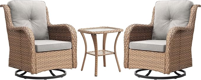 Rilyson Patio Chairs Rocking Swivel Chiar - 3 Piece Outdoor Wicker Patio Bistro Set Rattan Rocker Glider Chairs with High Back and Deep Seating for Outside Porch Deck Garden(Yellow/Beige)