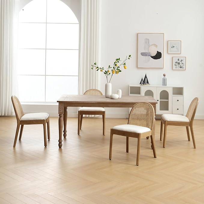 HEAH-YO Rattan Dining Chairs Set of 6, Upholstered Sherpa Dining Room Chairs with Backrests, Modern Kitchen Chairs with Wood Legs for Dining Room, White