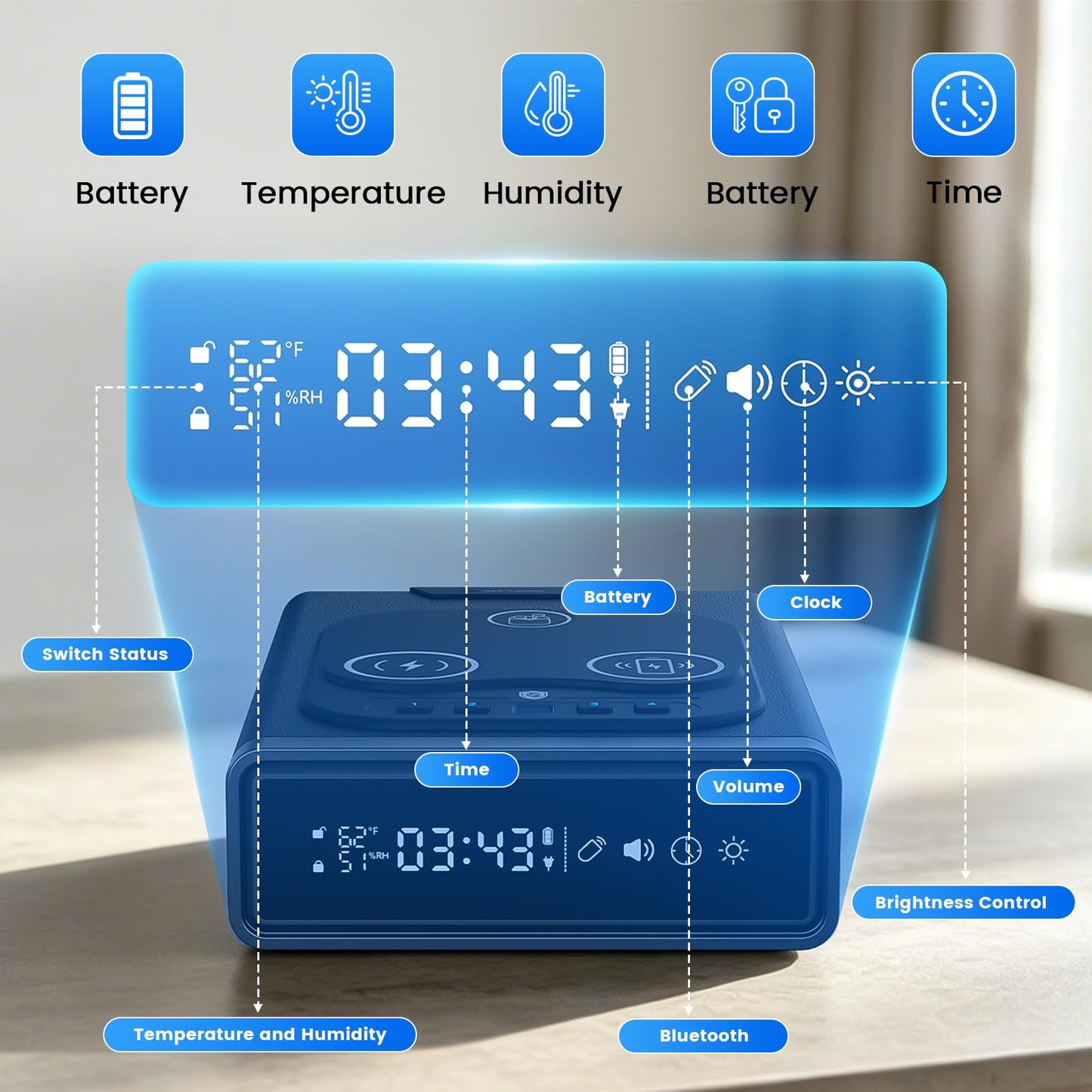 Saforo Biometric Smart Gun Safe with 3-in-1 Wireless Charging,4 Quick Access with Bedside Pistol Safe for Handgun,Bluetooth App Control,Nightstand Gun Safe with Alarm Clock,LED Light 1pcs