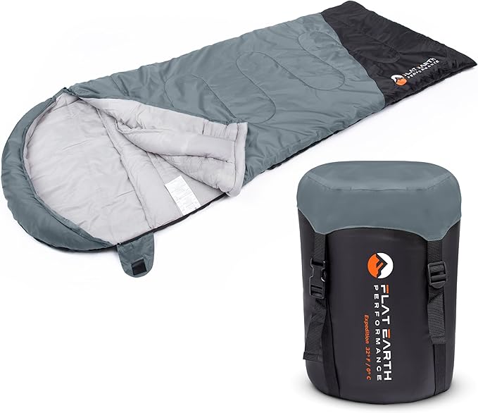Flat Earth Performance Expedition Sleeping Bag with Compression Sack – 32°F/0°C for Teens/Adults Up to 6'2", Lightweight, ...