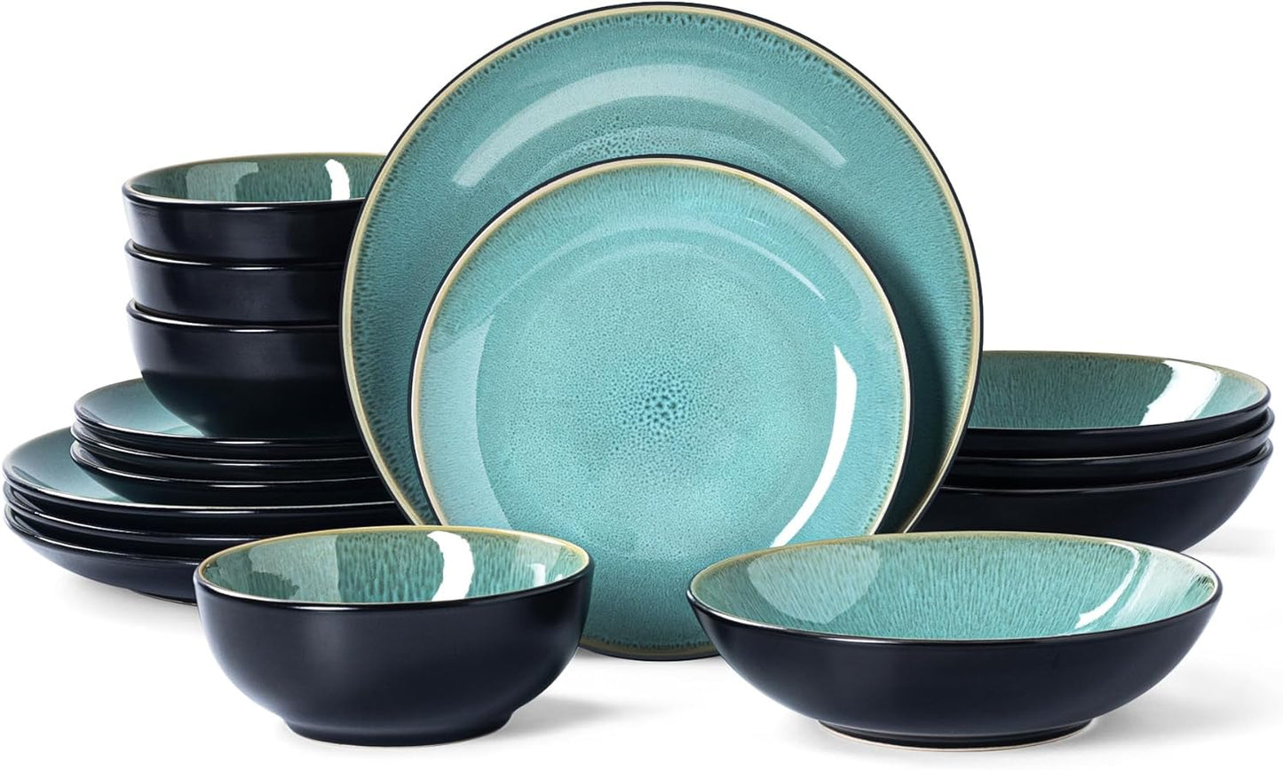 Plates and Bowls Sets for 4 - CJDC-QUELO 16-Piece Stoneware Dinnerware Sets, Ceramic Dishware Set for Kitchen Use and Formal Dining, Chip and Scratch Resistant Microwave Dishwasher Safe, Green