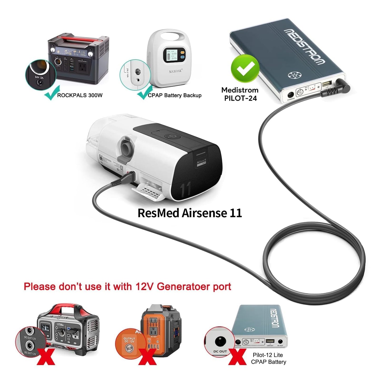 DC 24V Power Cord Compatible with ResMed AirSense 11 & AirMini CPAP Machines, DC Charging Cable Works with MAXOAK K5 K6, Medistrom Pilot-24 Lite, 24V CPAP Battery Backup & Power Stations