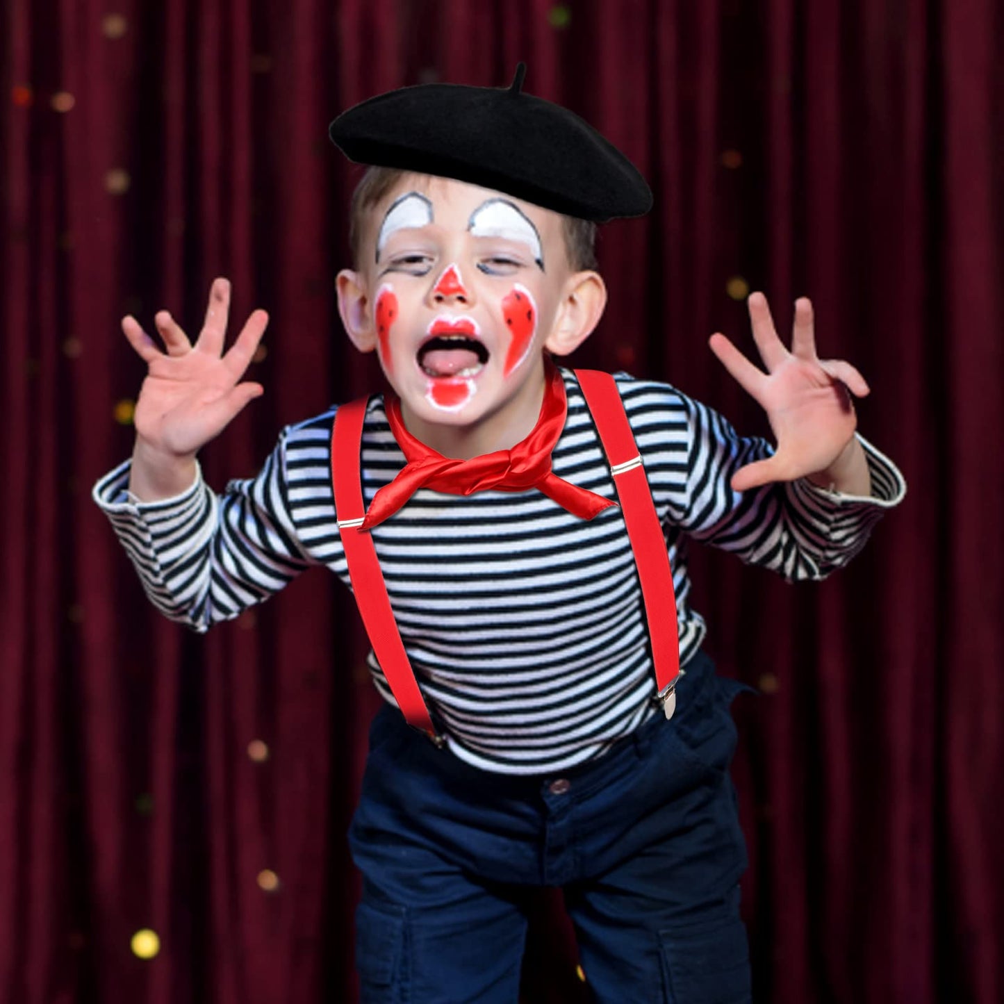 Keymall Kids Mime Artist Costume Accessories with French Beret Hat Suspender Scarf Gloves Face Paint Striped Socks for Halloween Carnival Dress Up Costume