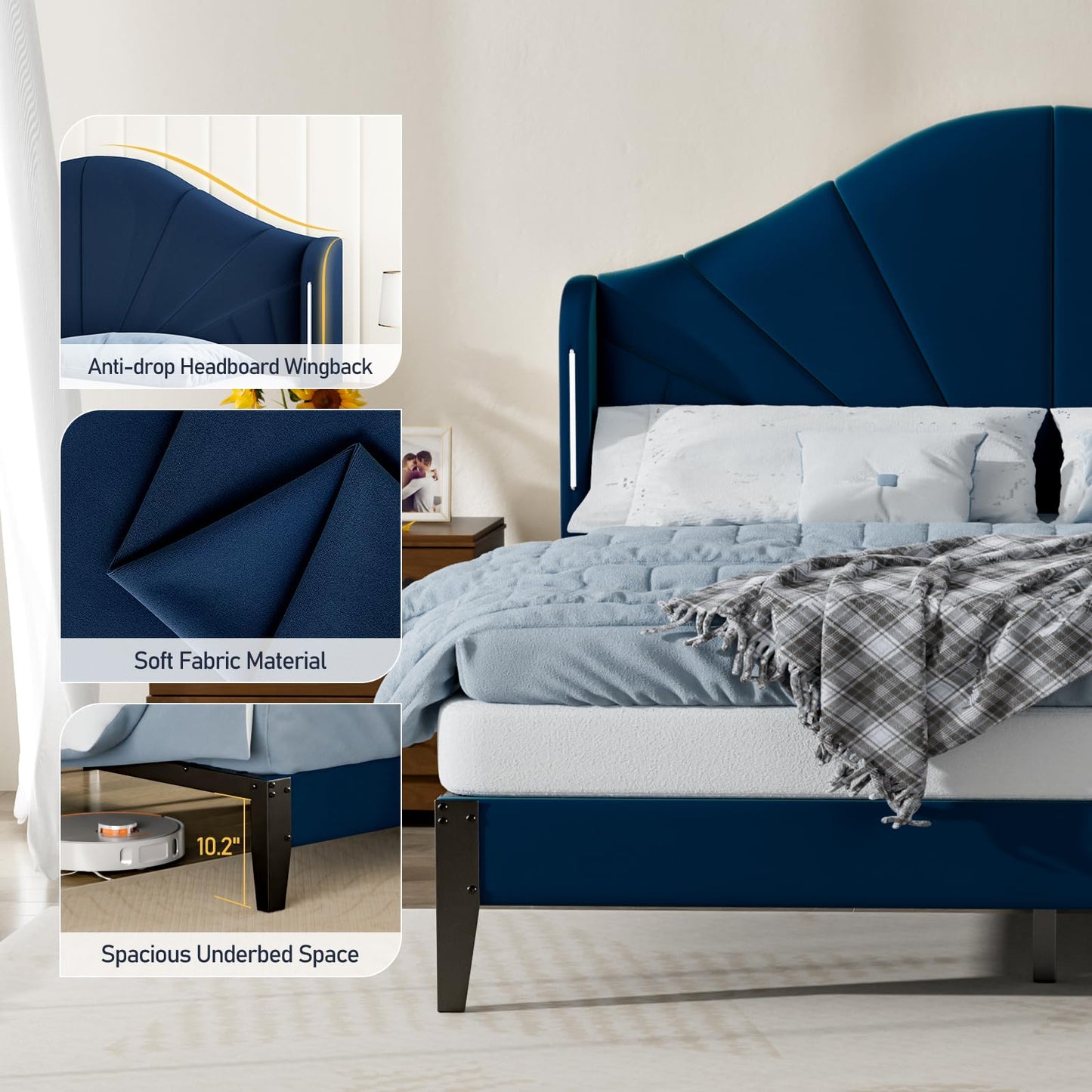 LegacyAmerhome Queen Size Bed Frame with Headboard Touch LED Lights, Wingback Upholstered Platform Bed Queen Size Modern Design No Box Spring, Easy Assembly Contemporary Sleep Solution, Velvet Blue