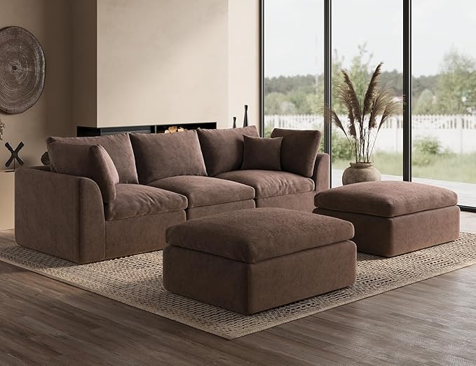 ohllob 110" Cloud Sectional Couches for Living Room, Boneless U Shaped Couch with Ottoman, 3 Seater Modular Sectional Sofa, Brown