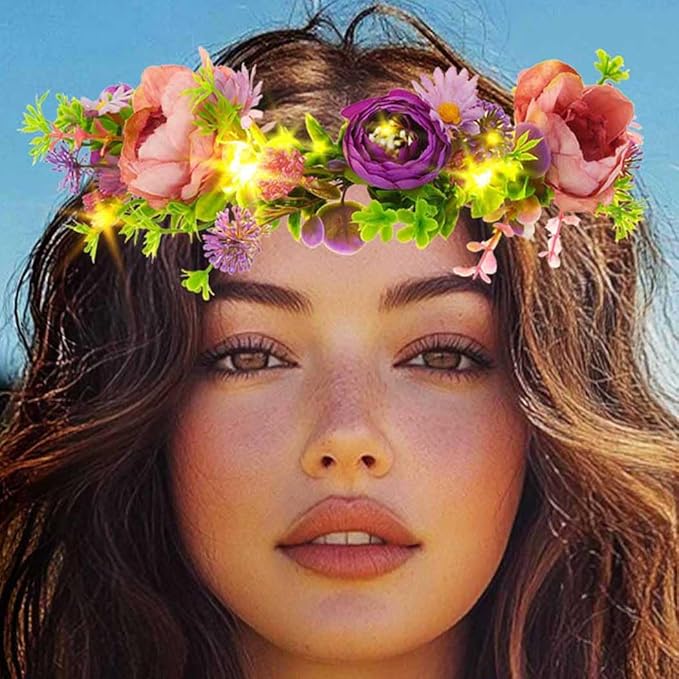 DRESBE Light Up Flower Crown LED Floral Headband Glow Fairy Hair Accessories for Women