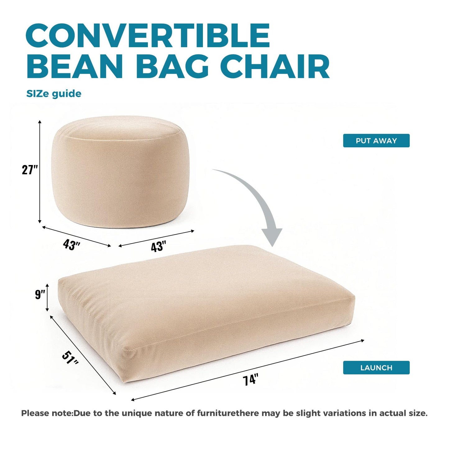 HZYPBS Extra Large Bean Bag Chair，Two in one Bean Bag Bed，It can be Easily Converted from a Chair to a Mattress, Filled with high-Density Foam, Washable Flannel Cover. for Families (Apricot Color)