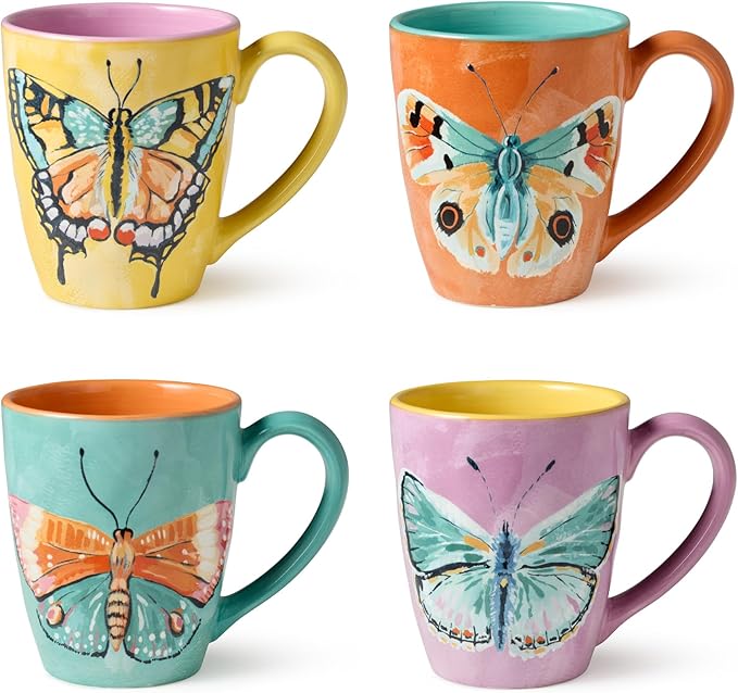 Butterflies Set of 4 Hand-Painted Ceramic Mugs – 16oz Coffee and Tea Cups with Bright Butterfly Designs in Yellow, Pink, O...