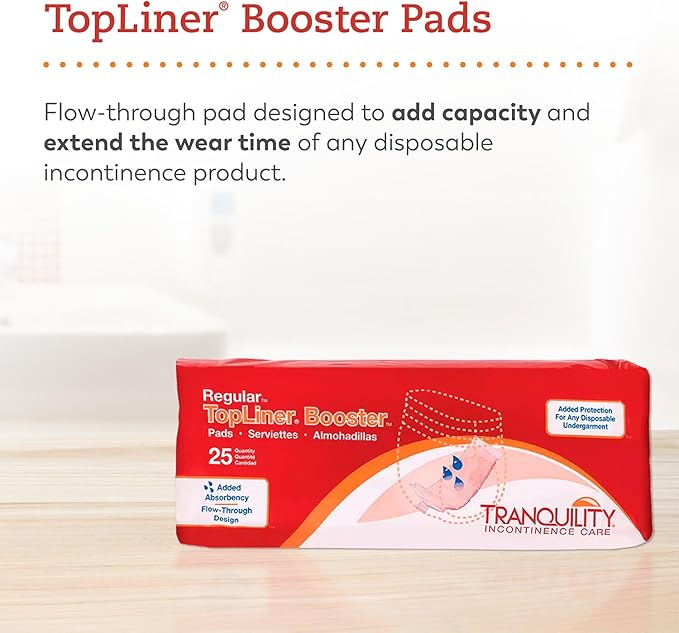 Tranquility TopLiner Disposable Booster Pads, Super (15" x 4.25") Flow-Through Design with Adhesive Strip for Max Absorption, Adult Unisex, 200ct Case
