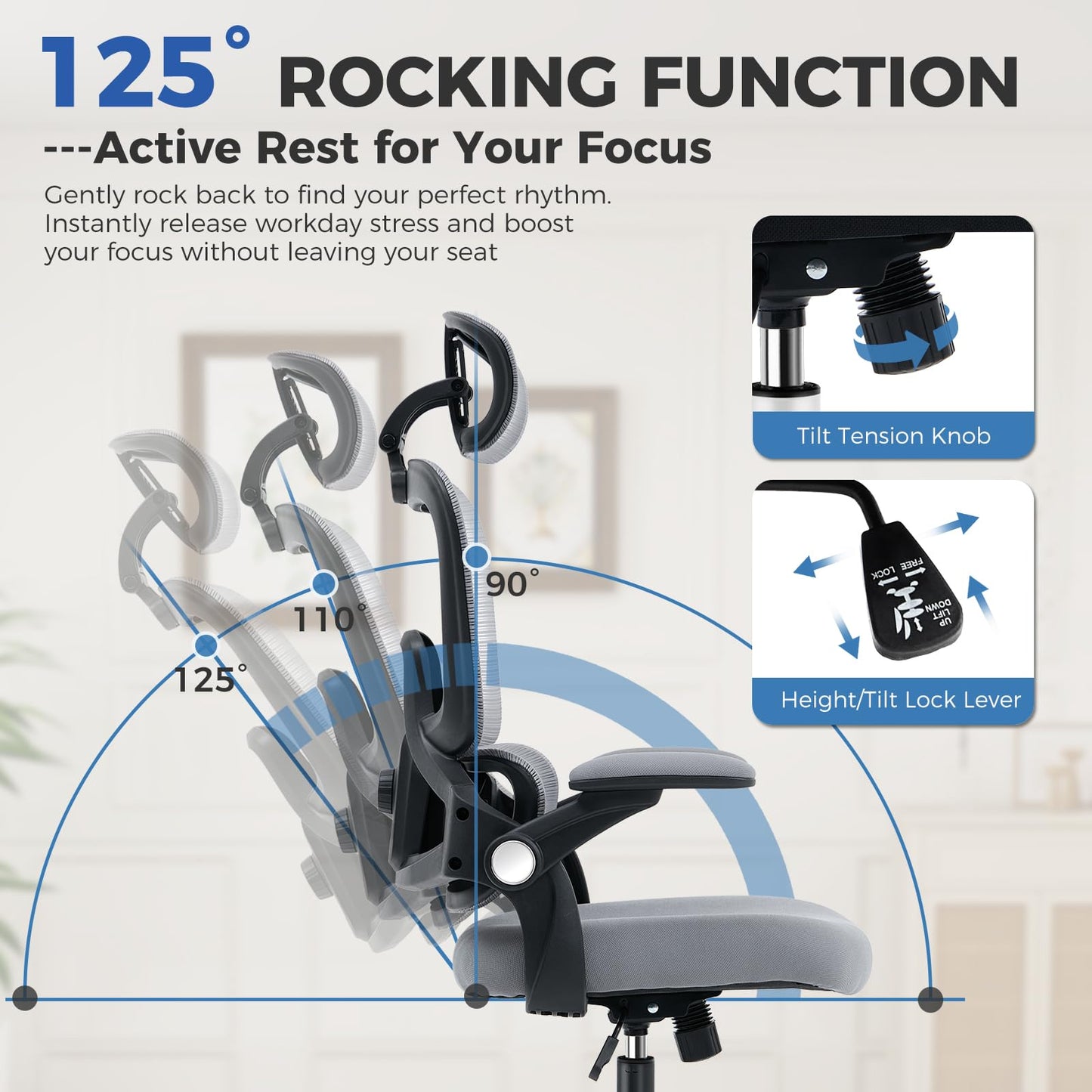 ACFOUL Ergonomic Office Chair, Mesh Desk Chair with 2D Adjustable Lumbar Support – Relieve Back Pain for Long Workdays Sitting, High Back with 3D Headrest & Armrests for Home Office Comfort, Dark Gray