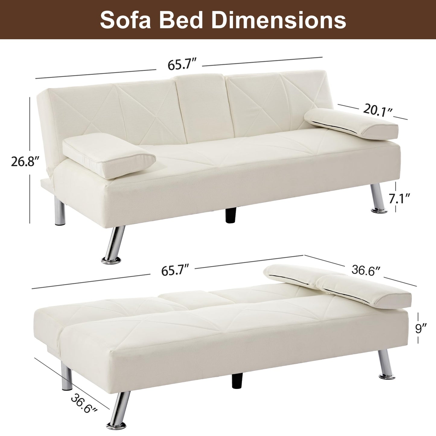 VECELO Modern Convertible Folding Futon Sofa Bed with Removable Armrests Breathable Linen Recliner Couch for Living Room/Apartment Lounge, 2 Cup Holders, Beige