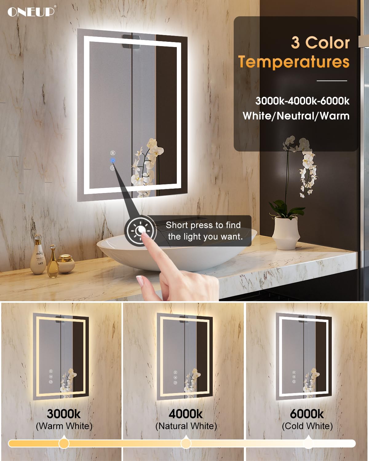 oneup 16x24''Small Bathroom Mirror with Lights,Front Lighted Bathroom Mirror for Wall,Stepless Dimmable,Anti-Fog,Modern LED Vanity Mirror,Memory,Touch Botton