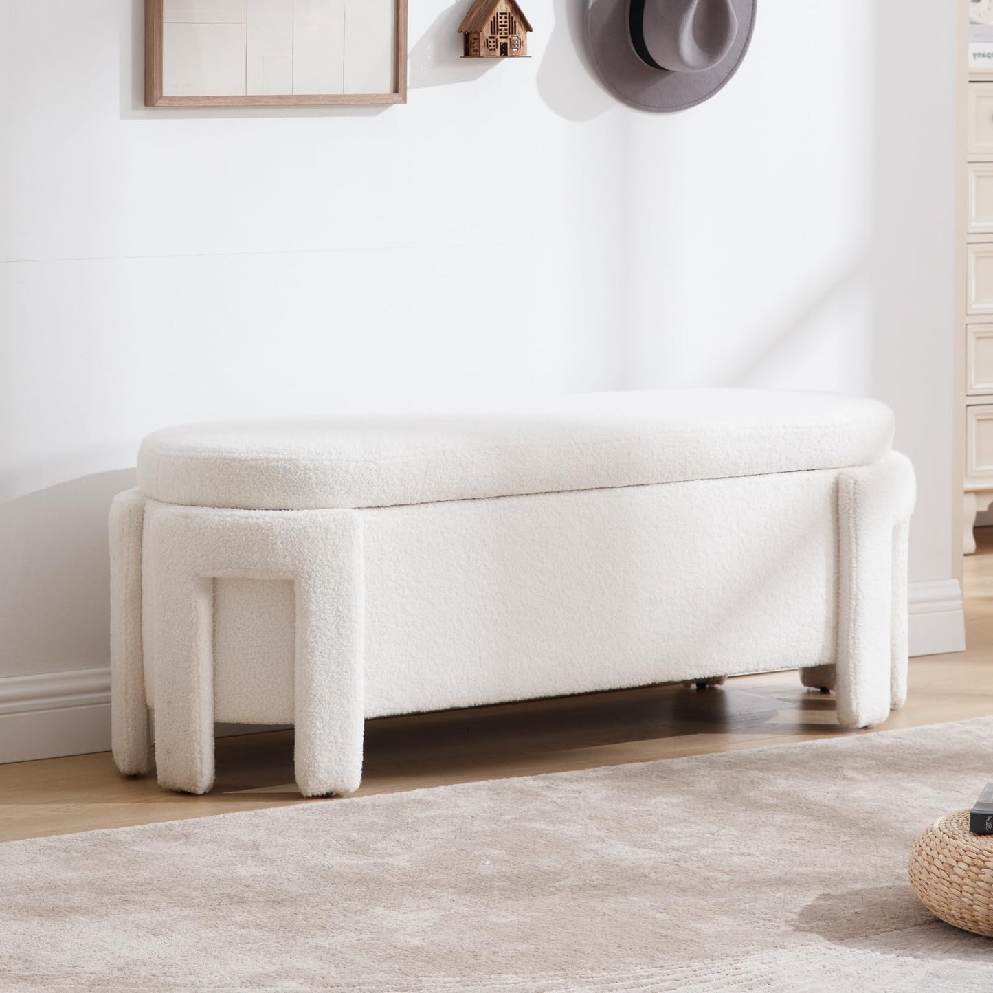 Janoray Modern Upholstered Storage Bench, Boucle Sherpa Fabric 50" Long Entryway Bench with Storage and Seating, Comfy Cute Ottoman Bench for Living Room/End of Bed/Hallway, White