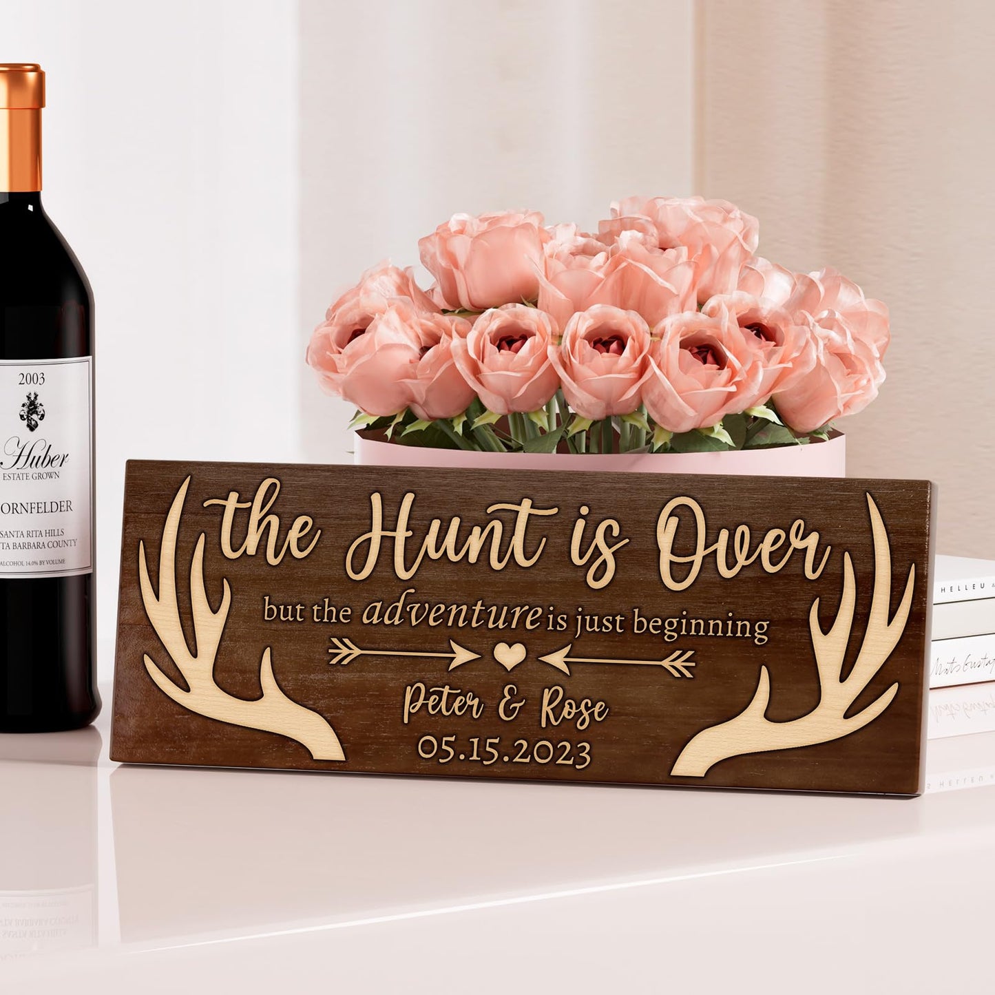 Bemaystar Personalized Name Deer Antlers Wedding Gift-Custom Date/Name Wooden Signs, The Hunt is Over,For Unique Anniversary Keepsakes, Wedding Gifts For Couple, Bridal Shower Gifts,15" x 6"