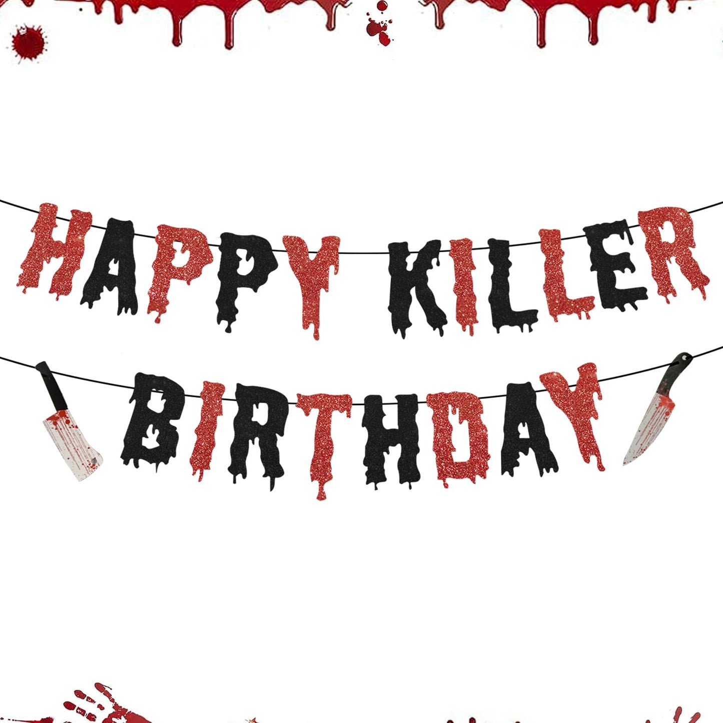 Halloween Happy Birthday Decoration,Pre-assembled Have A Killer Birthday Banner Glittery Red and Black Decor for Horror Spooky Themed Birthday Party