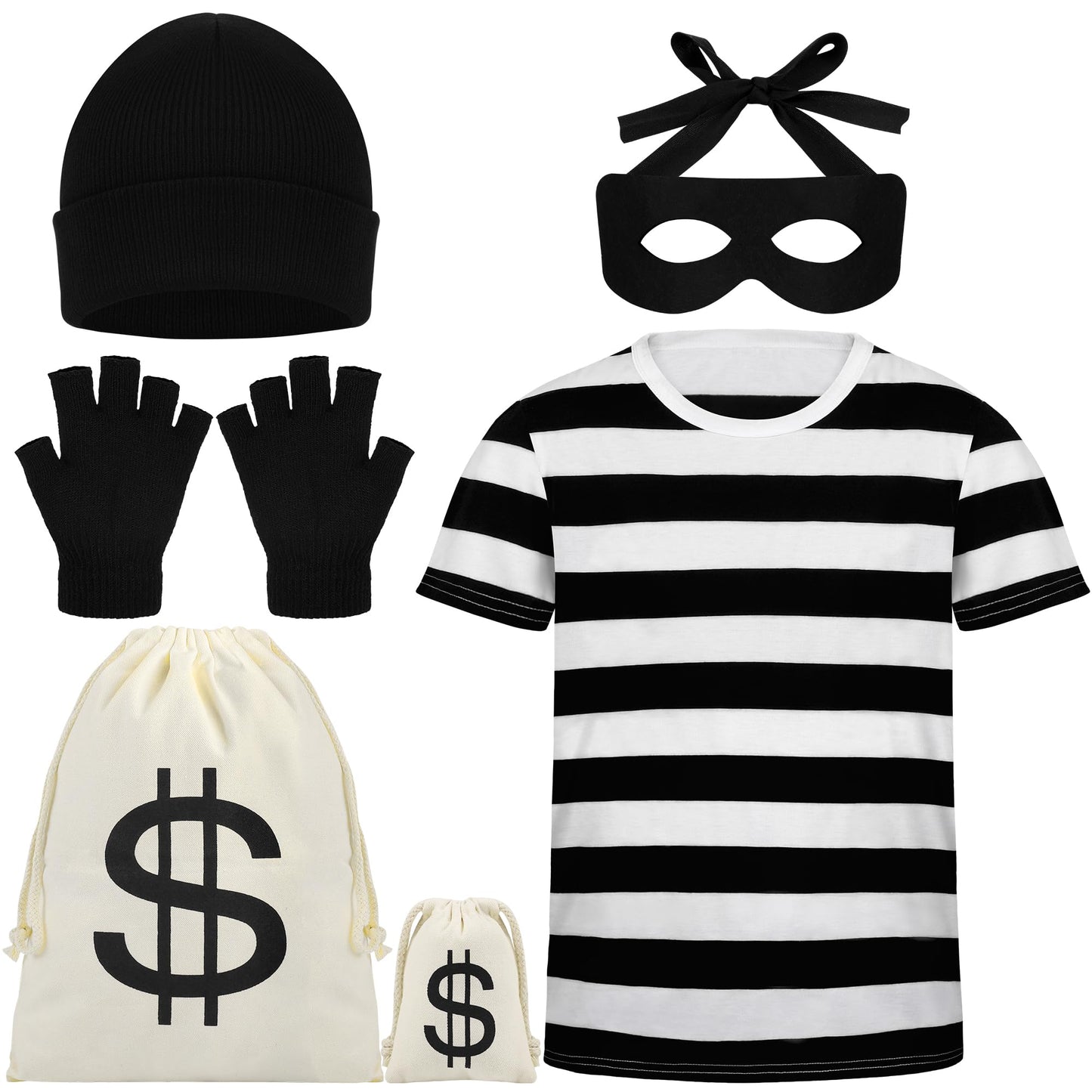 SOMSOC Adult Halloween Robber Costume Set Include Short Sleeves Stripe T-shirt Beanie Cap Dollar Sign Money Bag Eye Mask Half-finger Gloves for Halloween Cosplay Pirate Burglar Theme Party, Large