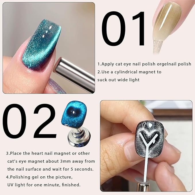 JERCLITY 3 Pieces Cat Eye Magnet for Nails Double Ended Cylindrical Nail Magnet Rectangle Magnets with 4 Y-Shaped Guide Metal Bracket + 4 Rabbit Shape Iron Plate for Heart and Rabbit Cat Eye Effect