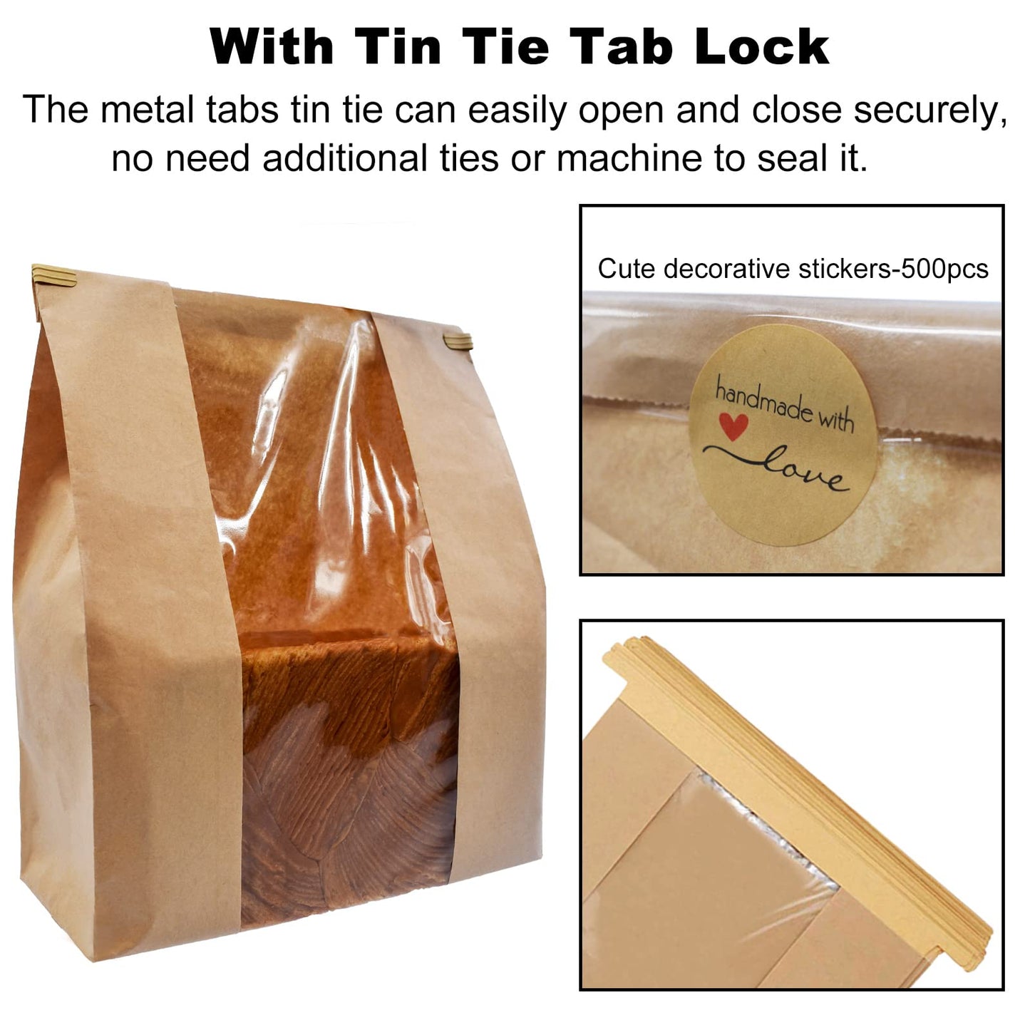 NOONEAST 100 Pack Large Paper Bread Bags for Homemade Bread Sourdough Bags 14" x 8.3" x 3.5" with Tin Tie Tab Lock Clear Front Window Bakery Bag Packaging Cookie Bag with Label Seal Stickers