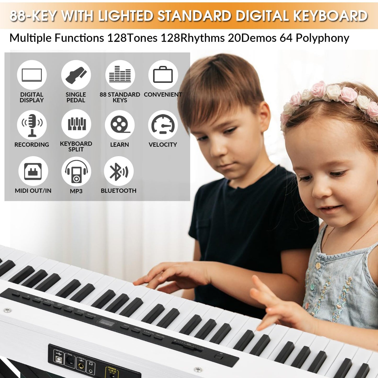 MSTNE Digital Piano 88 Key Semi Weighted Keyboard, Piano Keyboard 88 Key for Beginners with Lighted Up Keys, Portable Electric Piano with Adjustable Stand,Carrying Case,Sustain Pedal,Headphone (White)