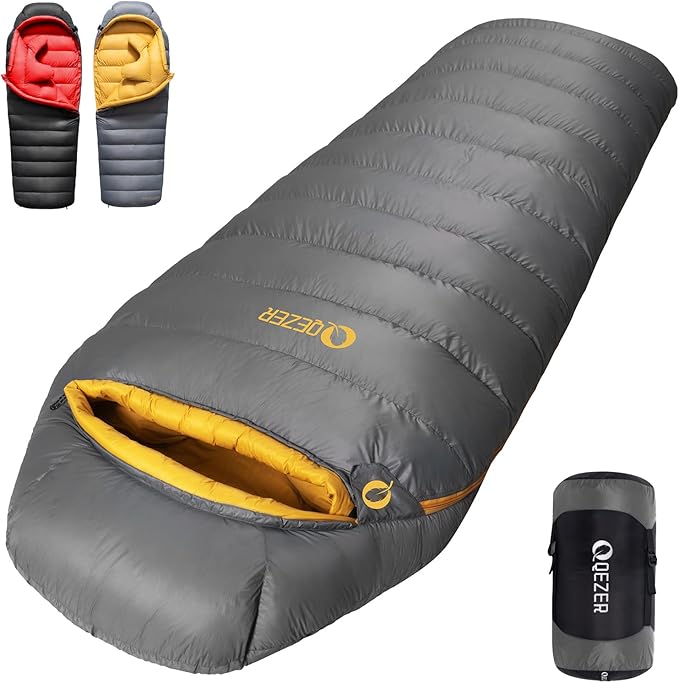 QEZER Down Sleeping Bag for Adults 620 Fill Power 0 Degree Sleeping Bag Cold Weather Ultralight with Pouch for Backpackin...