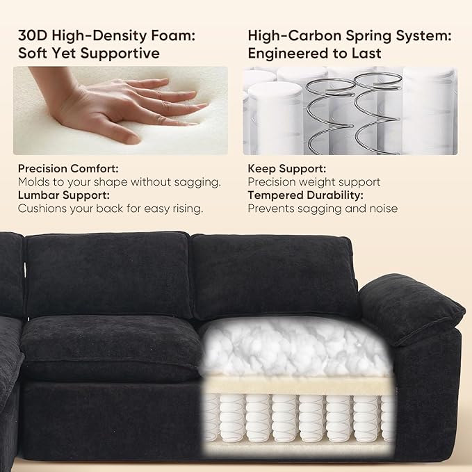 YAAREE 105.6”L Shape Modular Sectional Couch for Living Room, Modern Cloud Sectional 3 Seat Sofa with Oversized Chaise, Woven Texture Upholstery Boneless Couch (Black, Left Facing Chaise)