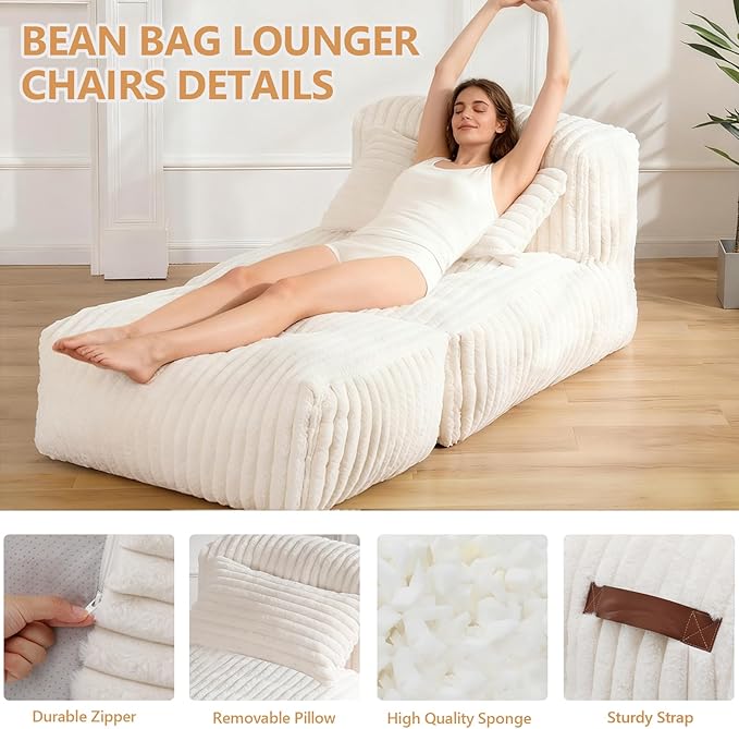 Giant Bean Bag Lounger Sofa with Pillow, Large Beanbag Chair for Adults, Oversized Comfy Beanbag Lazy Floor Sofa, Bean Bag Couch with Memory Foam Filled for Living Room, Bedroom, White