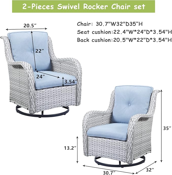 Rilyson Wicker Rocking Chair Swivel Chairs - 4 PC Rocker Patio Chairs Set Rattan Rocking Chair for Outdoor Porch Deck Garden Backyard(Light Grey/Sky Blue)