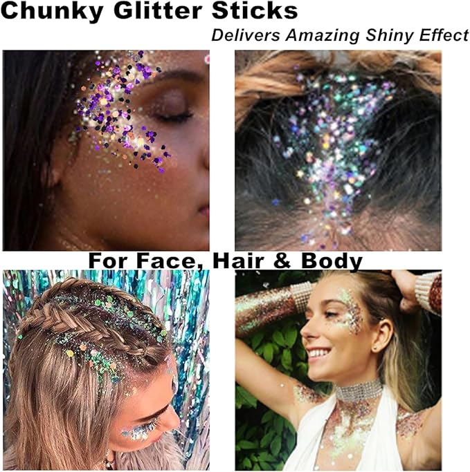 Mysense Halloween Body Glitter Stick, Black Purple and Orange Face Hair Glitter for Kids Women, Festival Rave Pride Accessories, Sparkling Chunky Glitter Makeup, 0.56oz