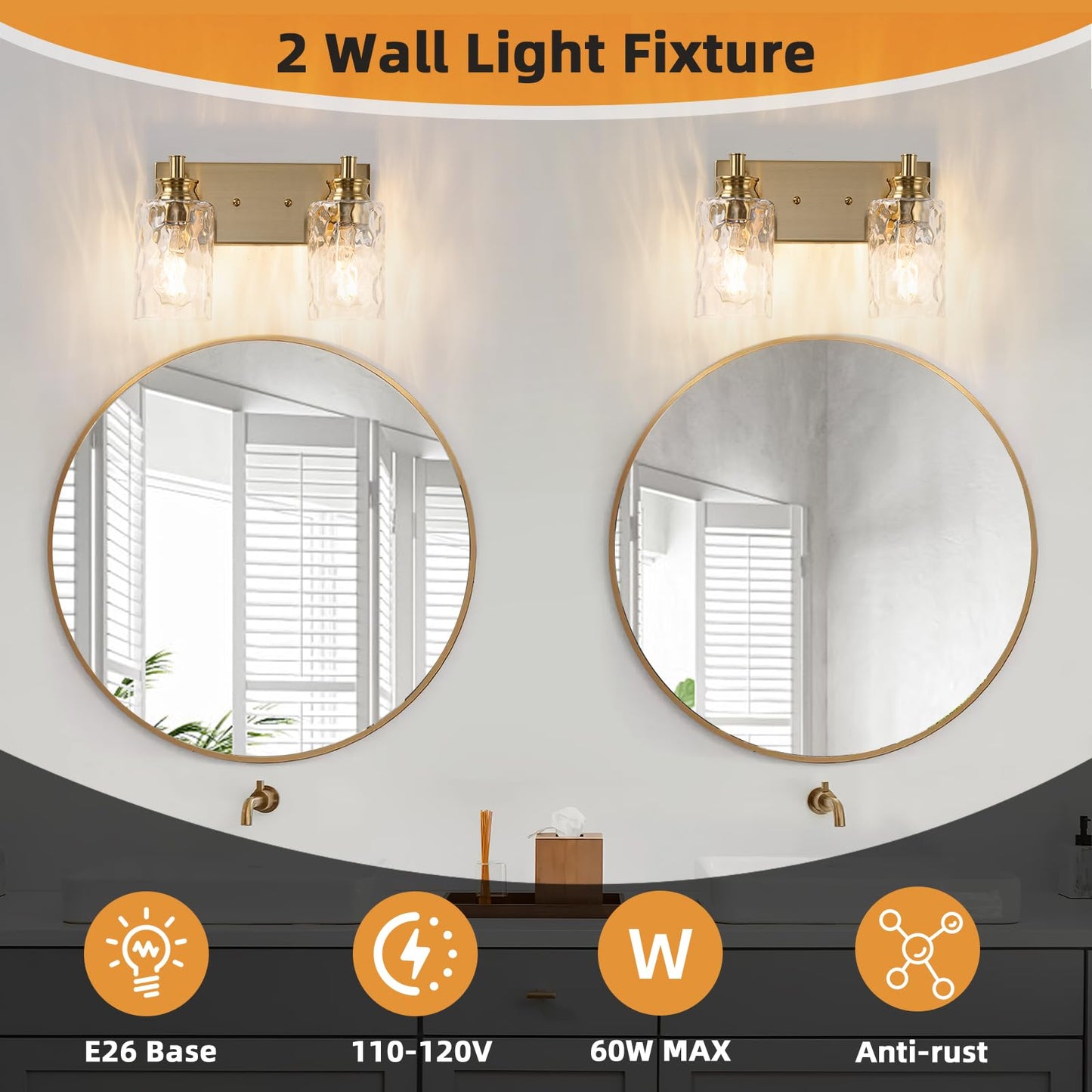 AMRUIPO 2 Light Bathroom Vanity Light Modern Brushed Gold Bathroom Light Fixtures Over Mirror with Hammered Glass Lampshade for Kitchen Hallway