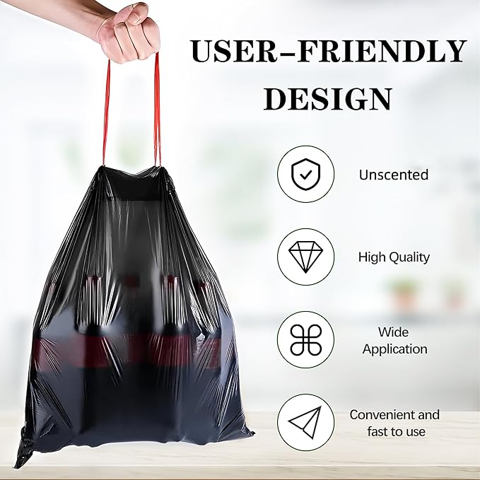 8 Gallon Trash Bags 120 Count Black Drawstring Garbage Bags - Thick Plastic, 22.06'' x 25.61'' (Black, 8) - Suitable for Office, Kitchen, Home