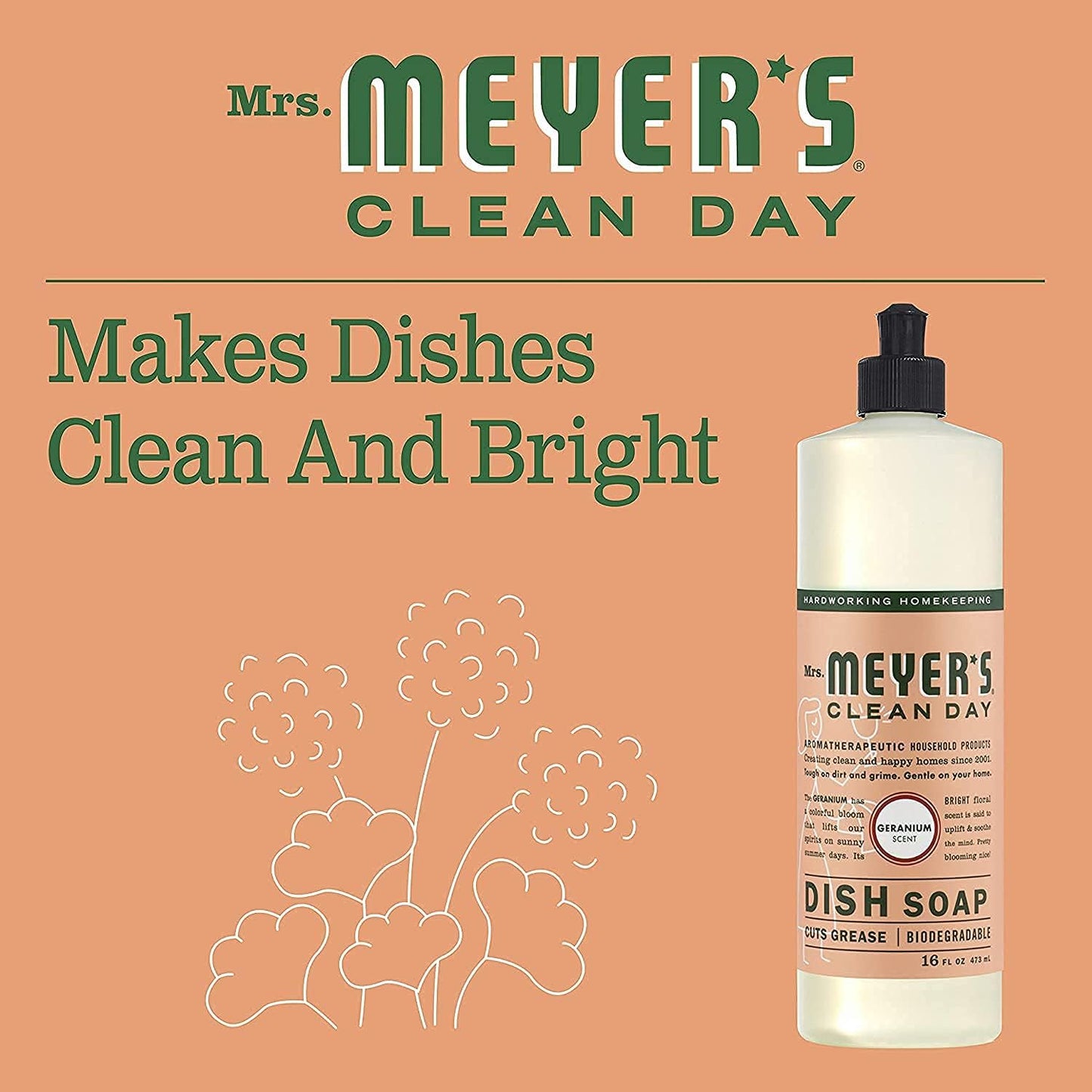 MRS. MEYER'S CLEAN DAY Dish Soap, Geranium, 16-Ounce (Pack - 6)