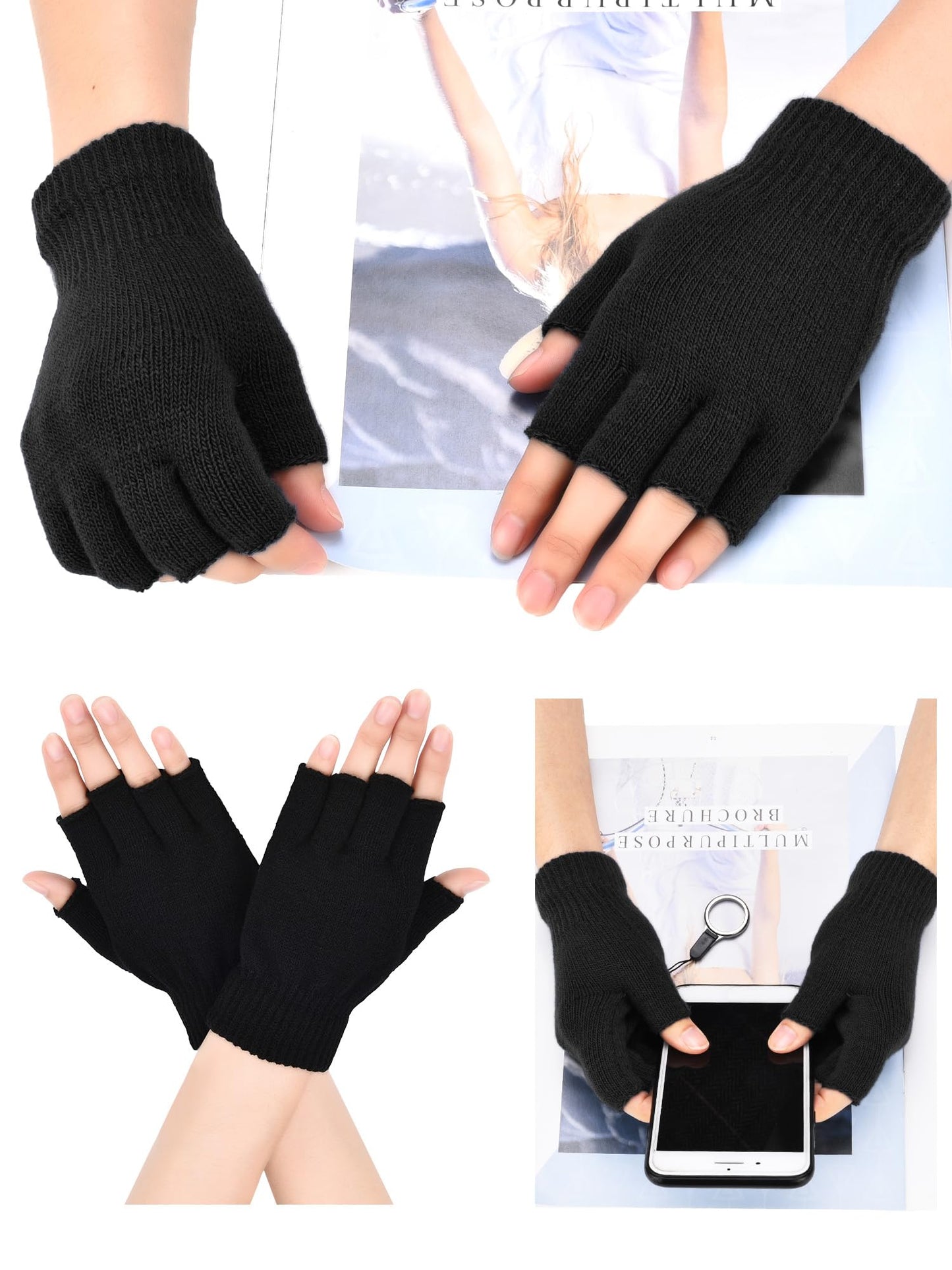Bememo 4 Pairs Fingerless Gloves Half Finger Mittens Winter Solid Color Typing Knitted Gloves for Boys and Girls(Black)