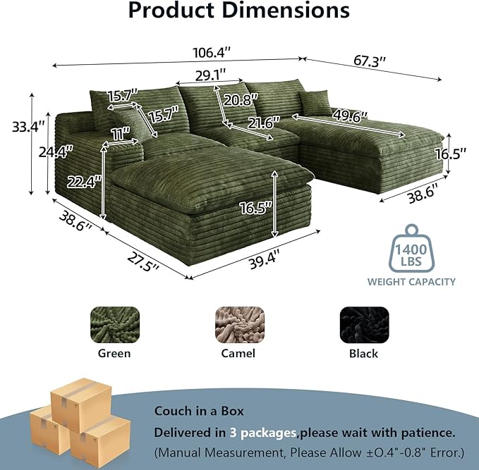 107" Cloud Sectional Couch U-Shaped Chaise with Ottoman, Corduroy Boneless Couch for Living Room Bedroom, Deep-Seat Upholstered Modular Cloud Sofa, No Assembly Required (Green, Right Facing Chaise)