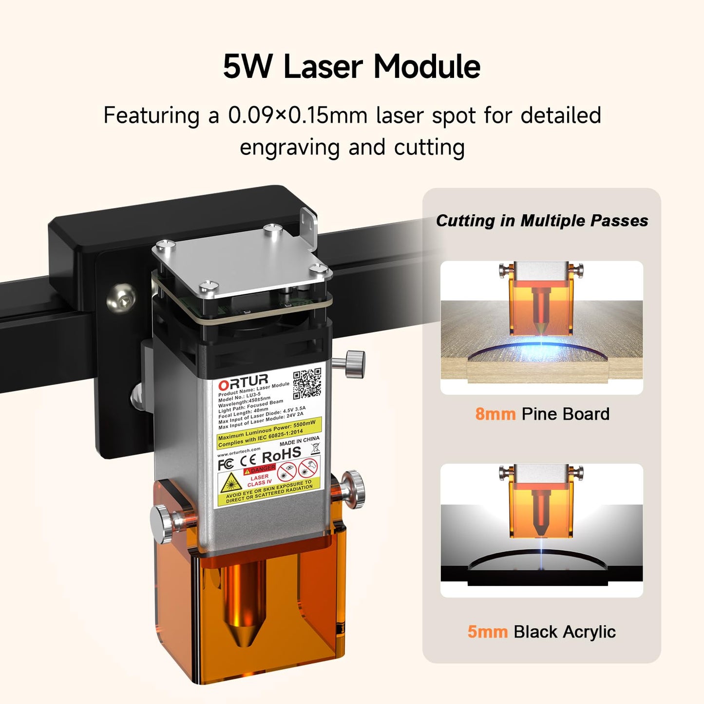 5,000mW Engraving Machine, Ortur Laser Master 3 LE Laser Engraver, High Precision 0.09×0.15mm Spot, WiFi APP Control, 400×400mm Work Area, Detail Engraving for DIY Crafts, Wood, Acrylic, Leather
