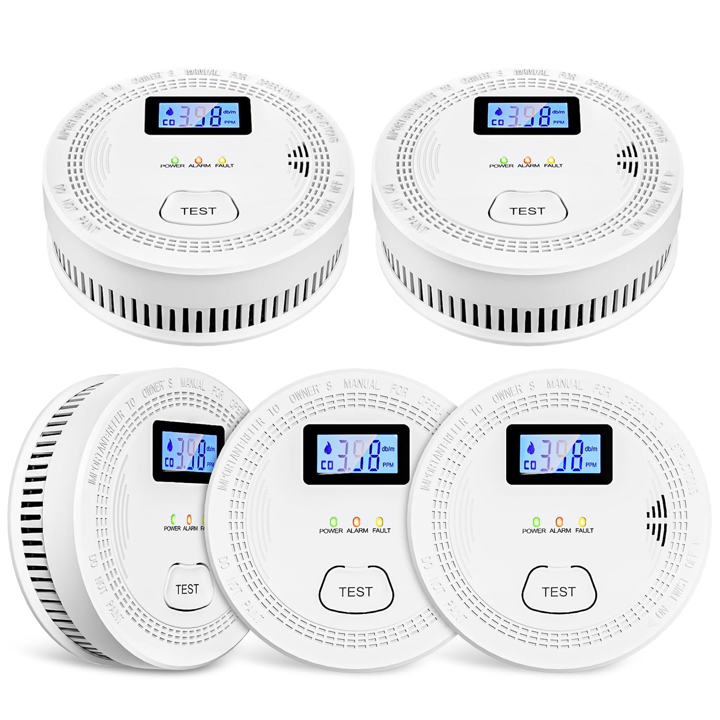 5 Packs, Smoke Combination CO Alarm,2-in-1 Detection, CO Detector,Smoke Detector,Battery Powered CO Alarm with LEDs,Digital Display,Test Button,Low Battery Warning,85db Alarm,Flexible Installation