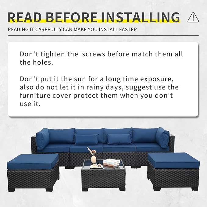 Lviden 7 Pieces Outdoor PE Wicker Furniture Set Patio Rattan Sectional Conversation Sofa Set with Navy Blue Cushions and Glass Top Table
